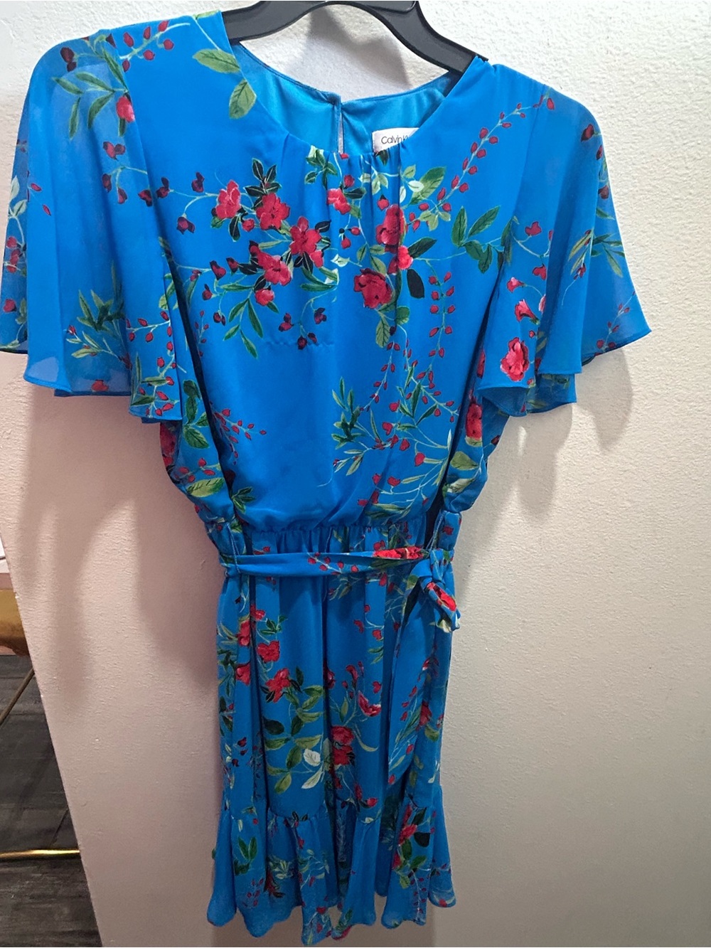 Calvin Klein Bright Blue Floral Flutter-Sleeve Midi Dress with Belt